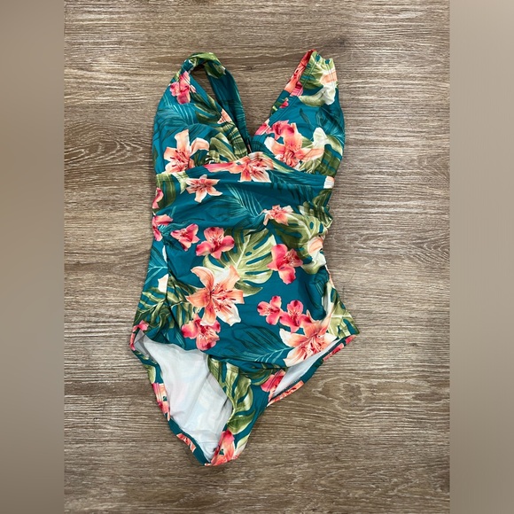 Kona Sol Tropical Floral One Piece Bathing Suit Swimsuit Medium V Neck Tie Back - Picture 2 of 5